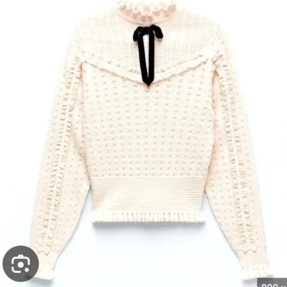 Zara Knit Coquette Bow Tie Pointelle Long Sleeve Sweater Top Ecru Cream M - Picture 3 of 7